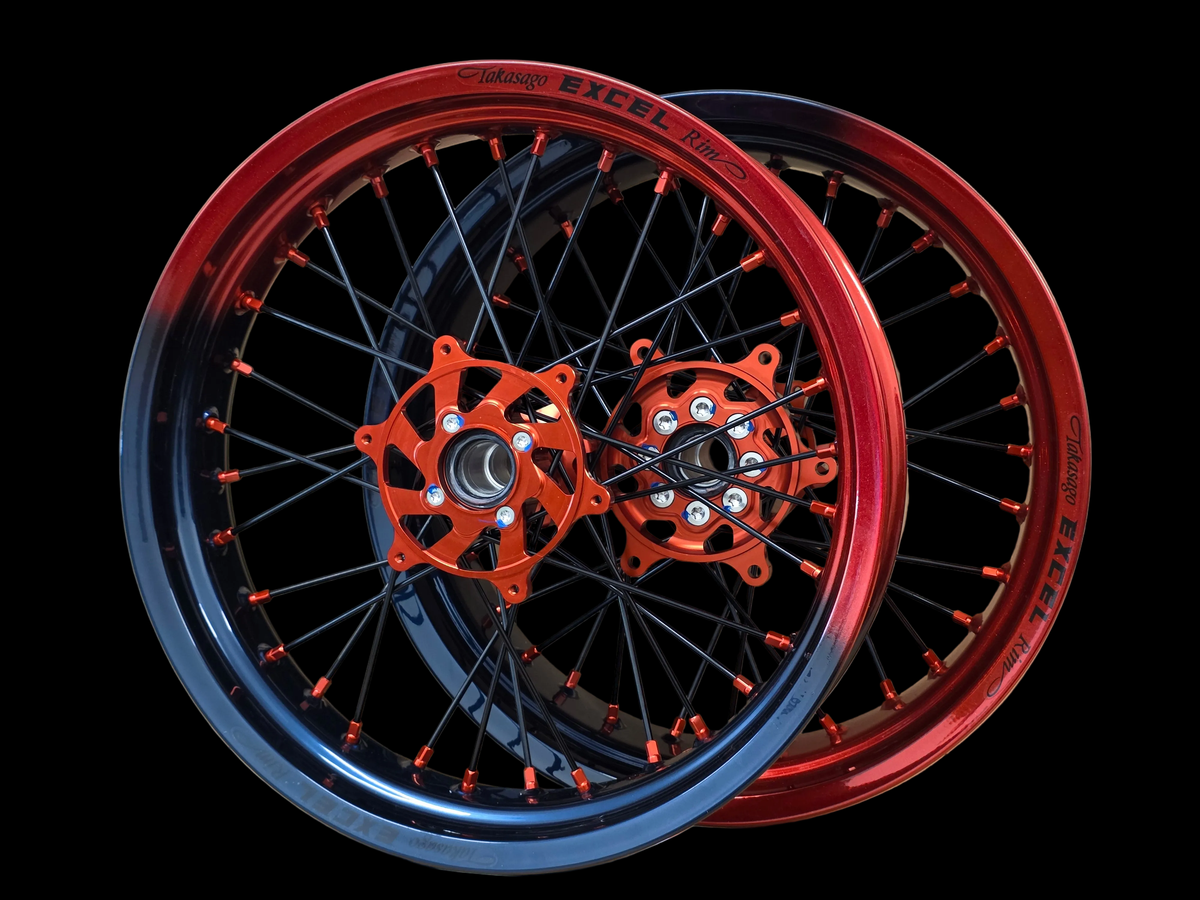 Supermoto Felgensatz Excel Fade Rot/Schwarz/Blau mit Nabe Orange