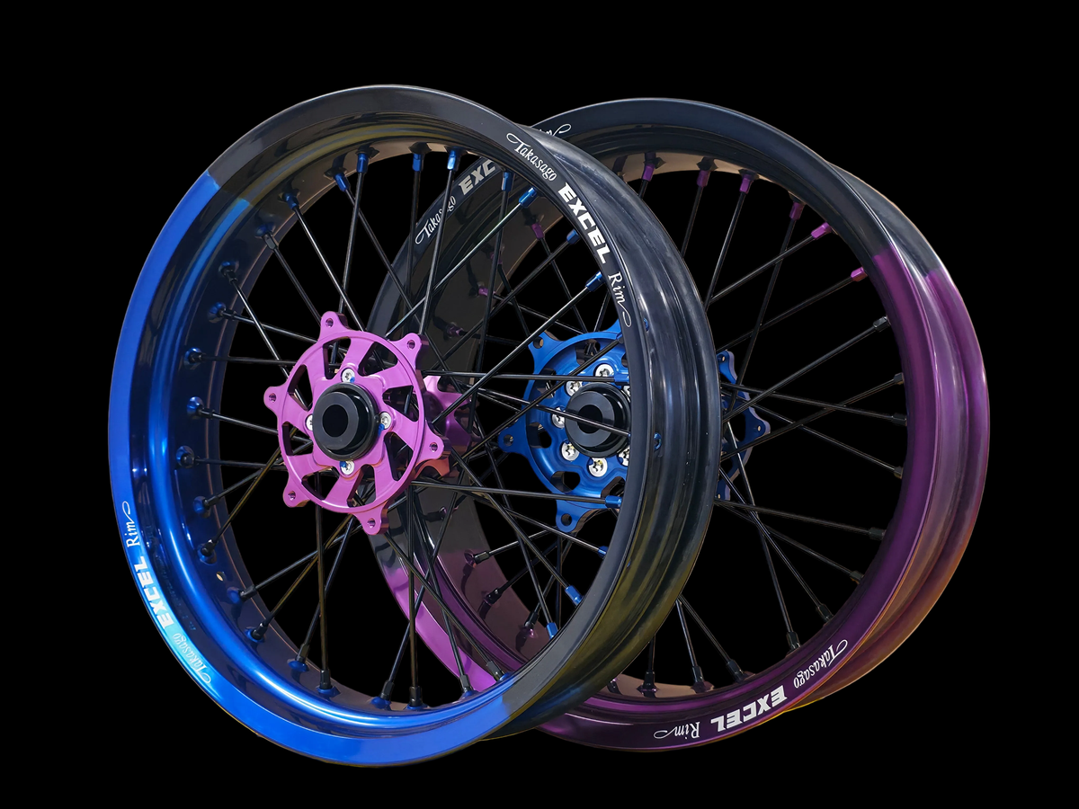 Supermoto Felgensatz Excel Fade Blau/Lila mit Naben Lila und Blau