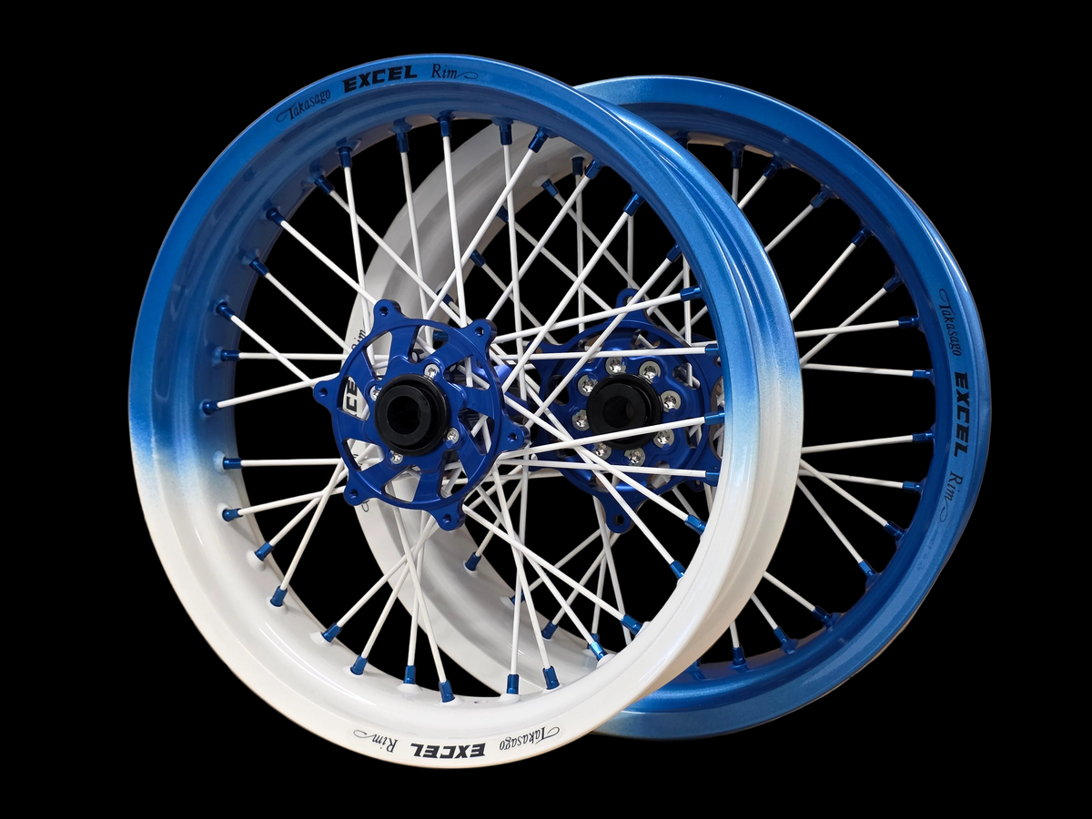Supermoto Felgensatz Excel Fade Blau/Weiß mit Nabe Blau