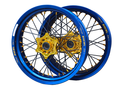 Supermoto Felgensatz Excel Blau mit Nabe Gold – Produktansicht