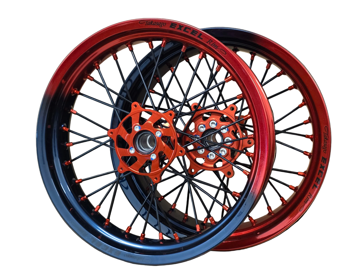 Supermoto Felgensatz Excel Fade Rot/Schwarz/Blau mit EVSS Nabe Orange – Produktansicht