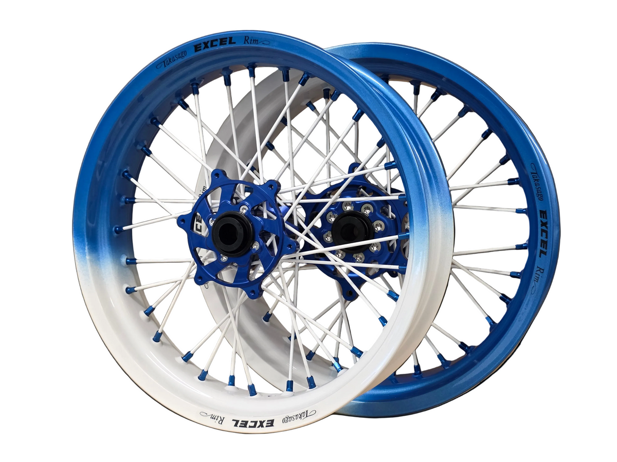 Supermoto Felgensatz Excel Fade Blau/Weiß mit EVSS Nabe Blau – Produktansicht