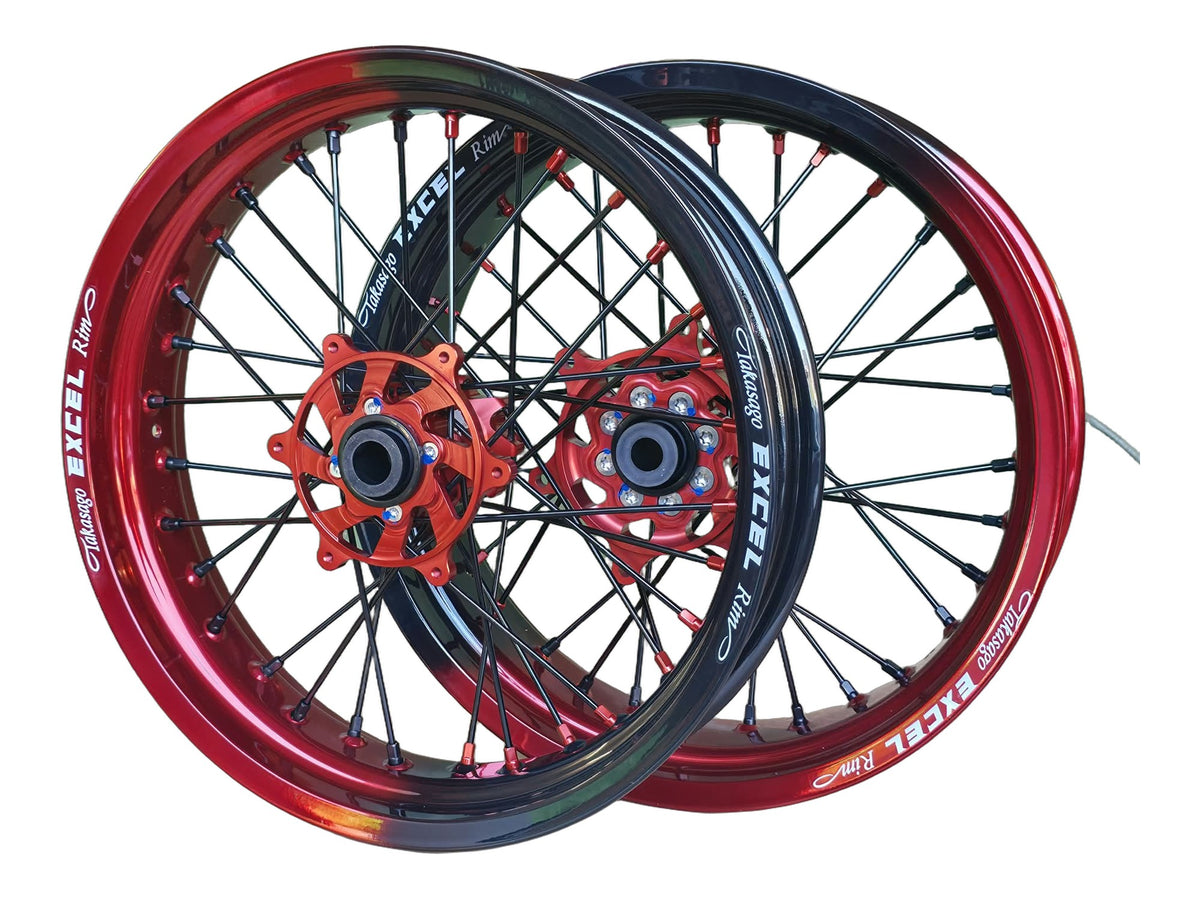 Supermoto Felgensatz 17 Zoll Excel Lollypop Red / Gloss Black mit G2 Pro Nabe Rot – vorne und hinten, freigestellt